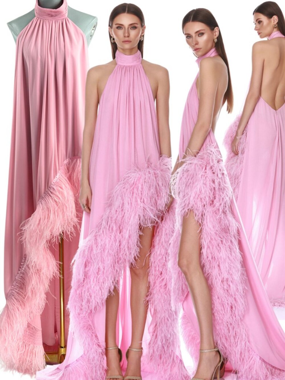 🆕 BRONX & BANCO 🧿 NWOT Madeline Halterneck Feathered Gown, Pink - Sz M US 6